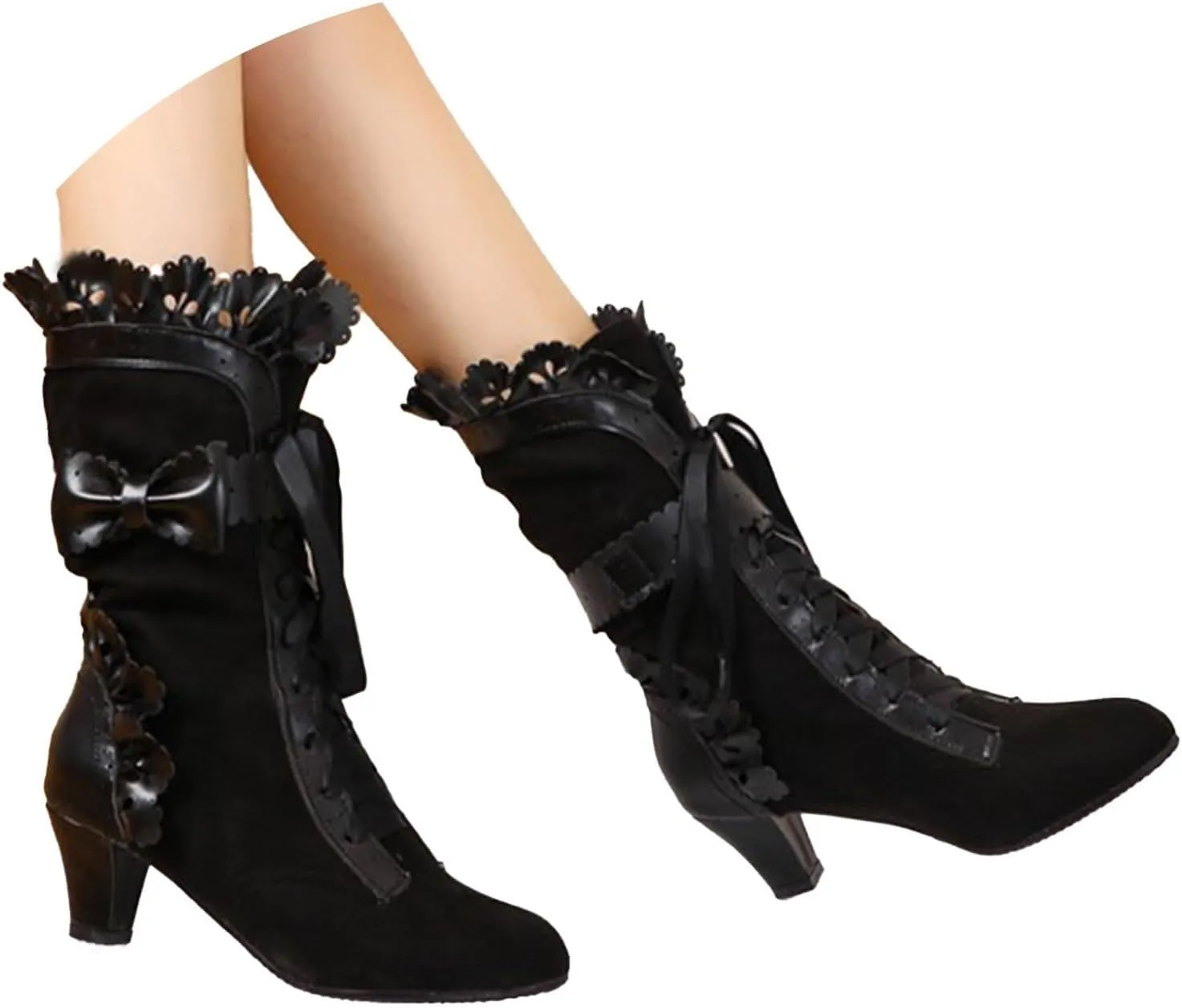 Boots for Women Vintage Victorian Boots Lace Up Mid Heel Wedding Dress Boots Lace Mid Calf Costume Retro Riding Shoes