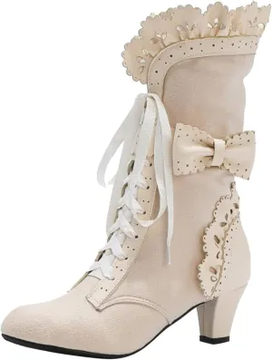 Boots for Women Vintage Victorian Boots Lace Up Mid Heel Wedding Dress Boots Lace Mid Calf Costume Retro Riding Shoes