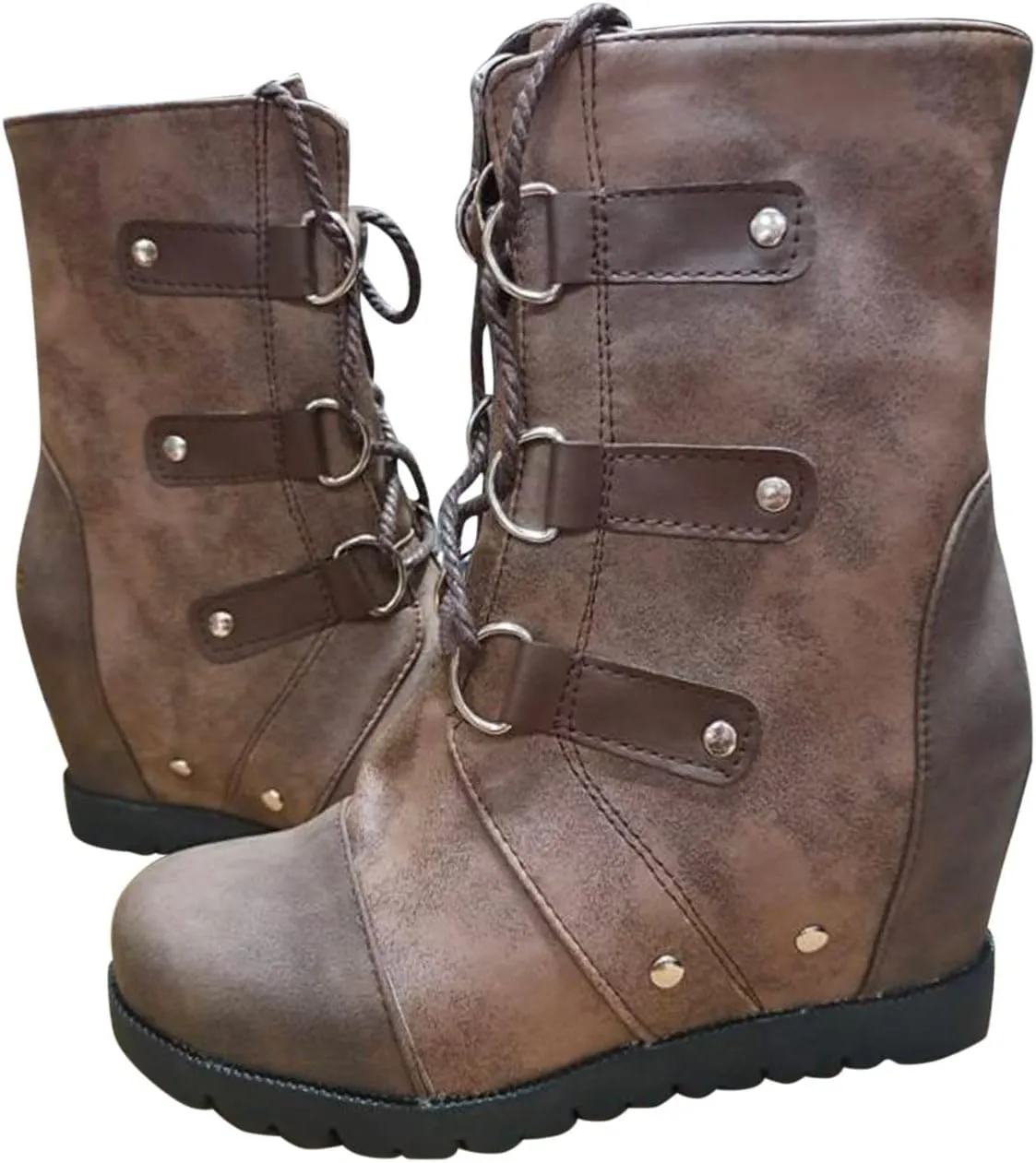 Boots for Women Wedges Ankle Booties Retro V Cutout Comfy Short Boots Color Block Chunky Block Heels Shoes 52