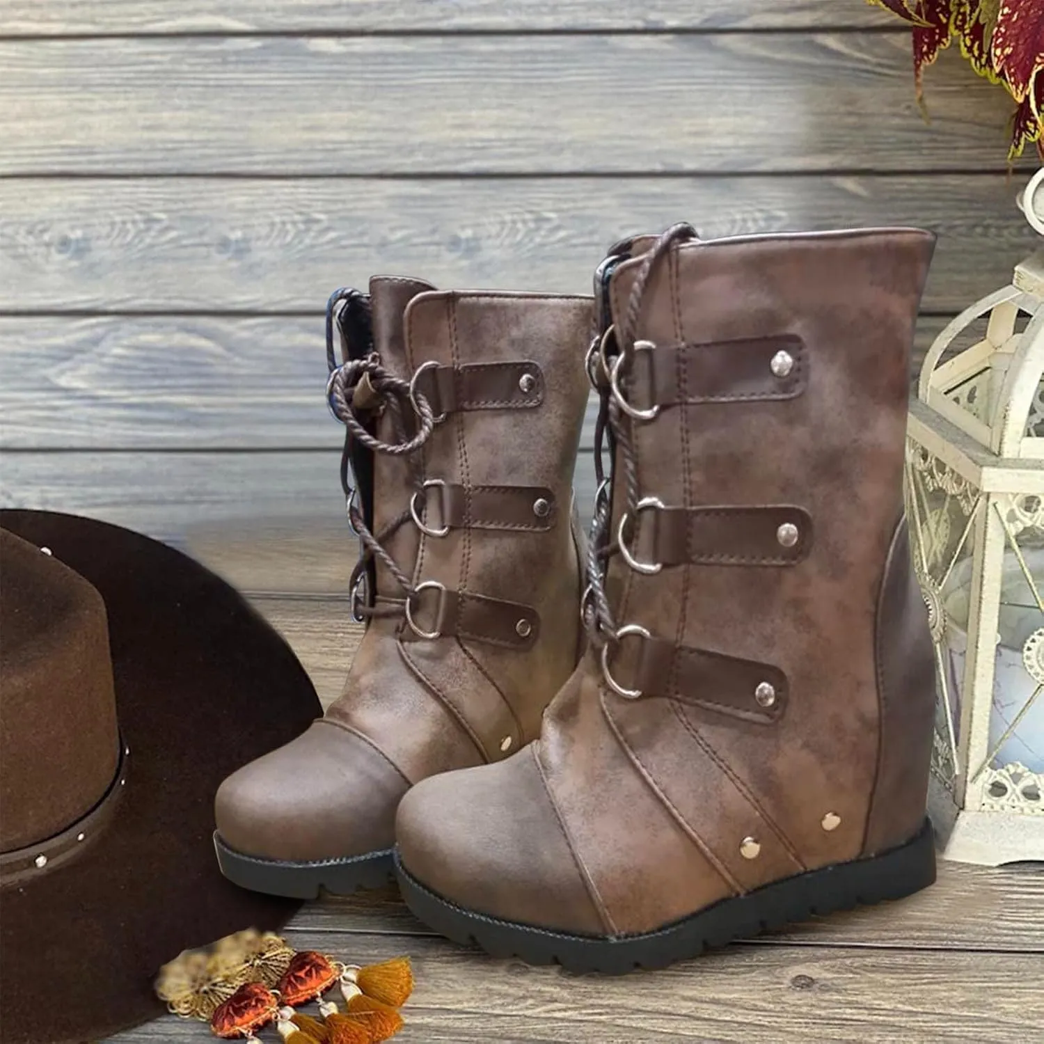 Boots for Women Wedges Ankle Booties Retro V Cutout Comfy Short Boots Color Block Chunky Block Heels Shoes 52