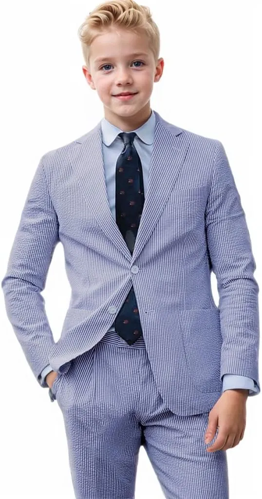 Boys Seersucker Suit 2 Piece Slim Fit Summer Beach Wedding Outfit Kids Blazer Jacket Dressing Pants Suits for Toddler Teenage