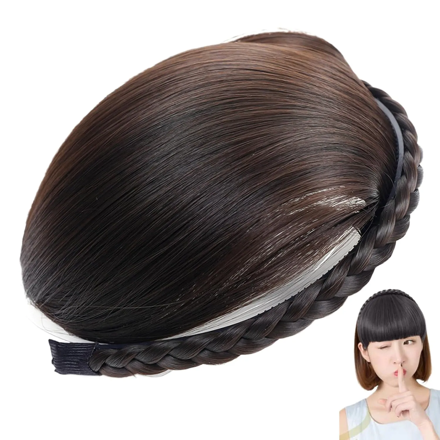 Braid Headband Single Braided Dark Brown Fringe Headband with Bangs Realistic Instant Hair Bangs Fringe Hair Clip for Women, Girls Braid