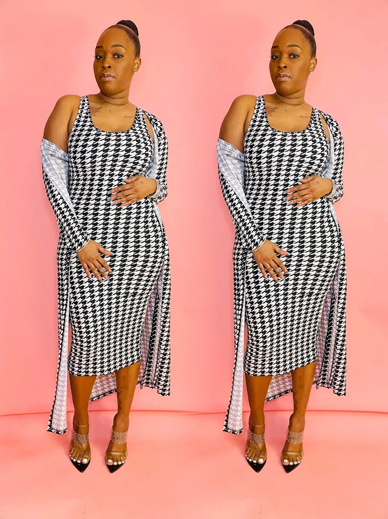 Brunch Date Black & White Houndstooth Print Long Sleeve Cardigan & Tank Top Houndstooth Midi Dress Set
