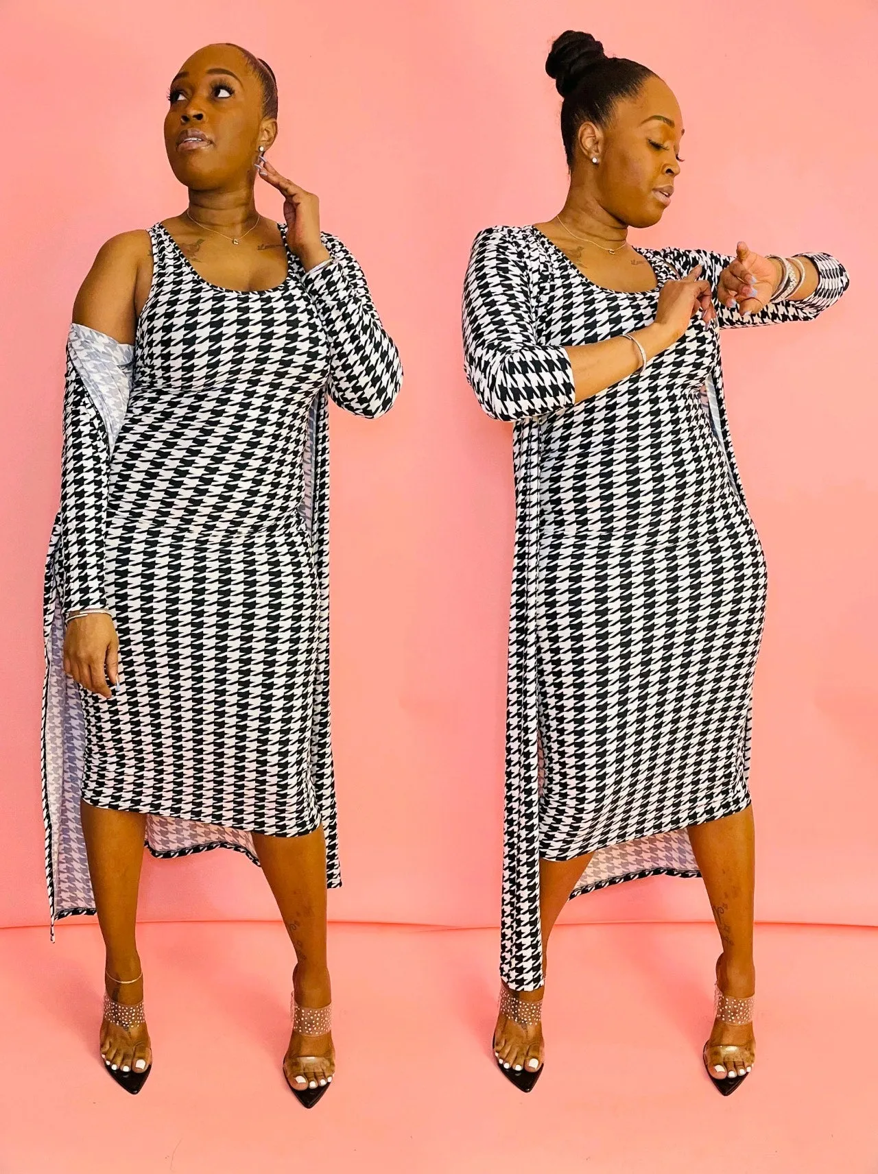 Brunch Date Black & White Houndstooth Print Long Sleeve Cardigan & Tank Top Houndstooth Midi Dress Set
