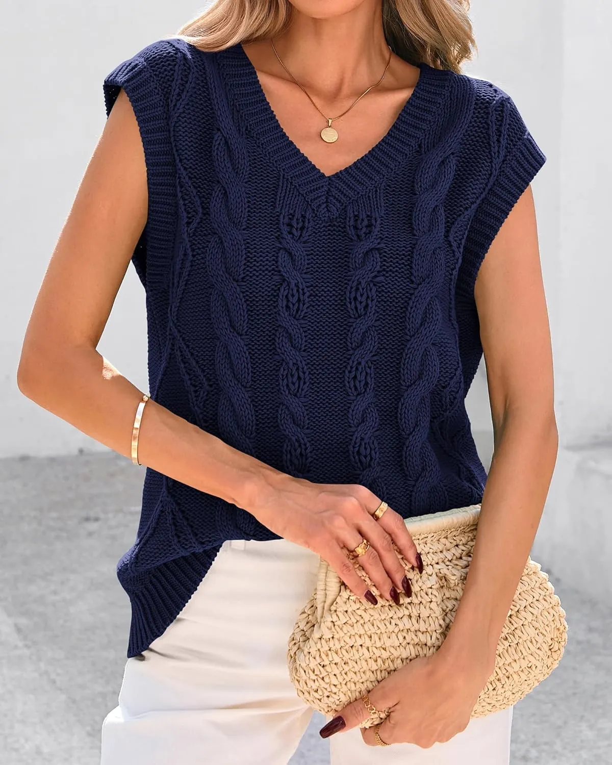 BTFBM Womens Oversized Sweater Vest 2025 Summer V Neck Casual Sleeveless Sweaters Loose Cable Knit Pullover Tops