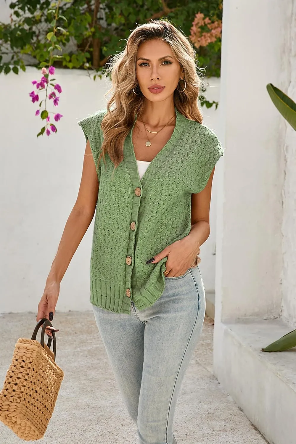 Cakulo Womens Cable Knit Sweater Vest 2025 Oversized Sleeveless Button Down Summer Cardigan Sweaters Tops