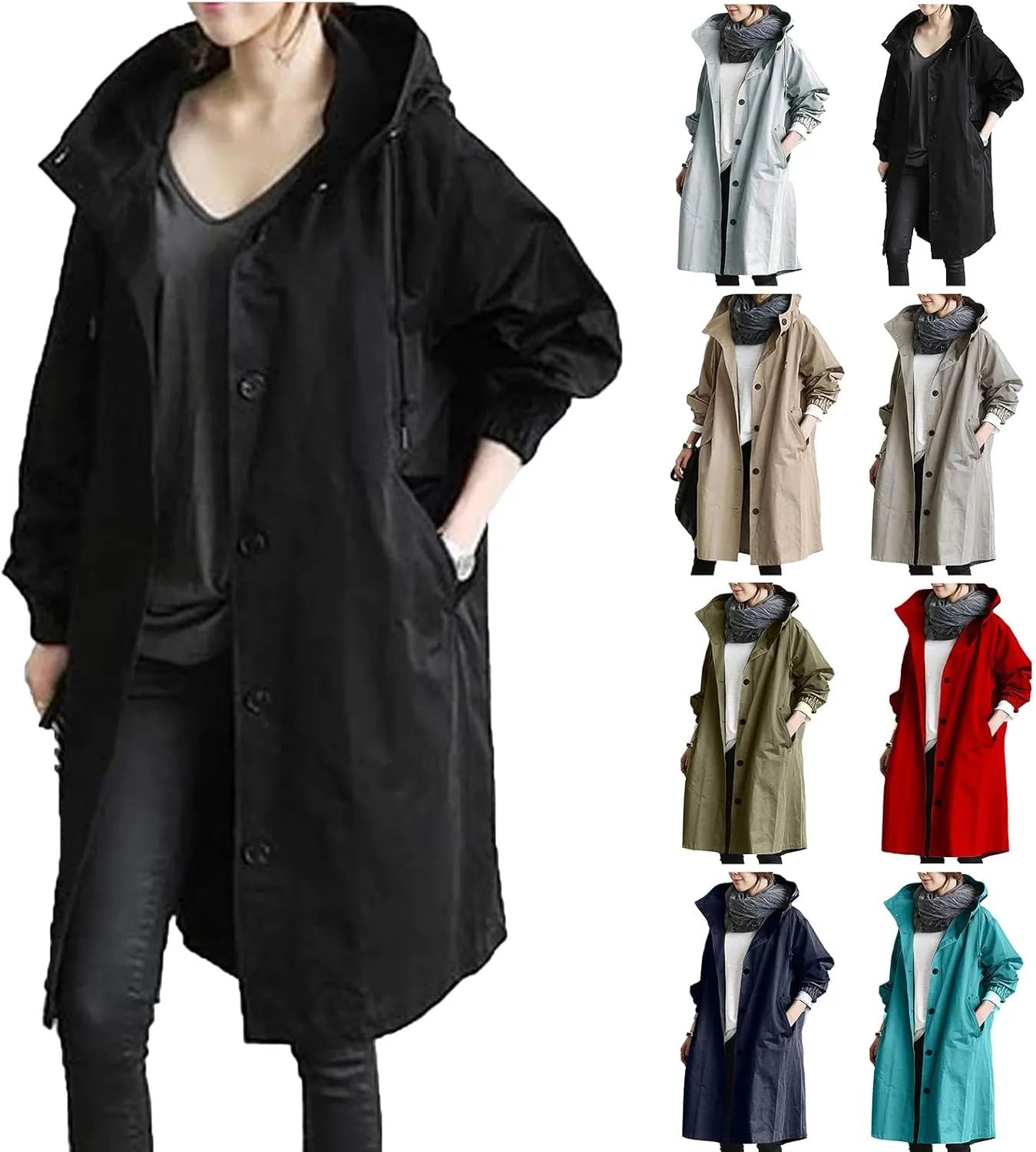 Canbebig Womens Trench Coats Plus Size Long Jacket Casual Hooded Windbreaker Loose Waterproof Jacket with Pocket Fall Clothes