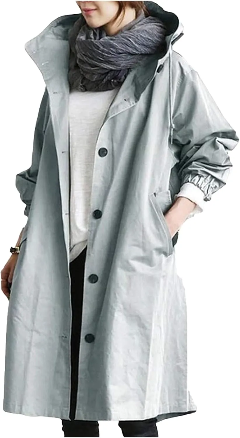 Canbebig Womens Trench Coats Plus Size Long Jacket Casual Hooded Windbreaker Loose Waterproof Jacket with Pocket Fall Clothes