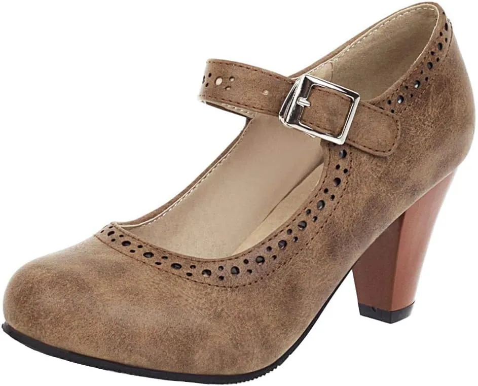 Caradise Womens Vintage Mary Jane Shoes Block Heel Ankle Strap Pumps
