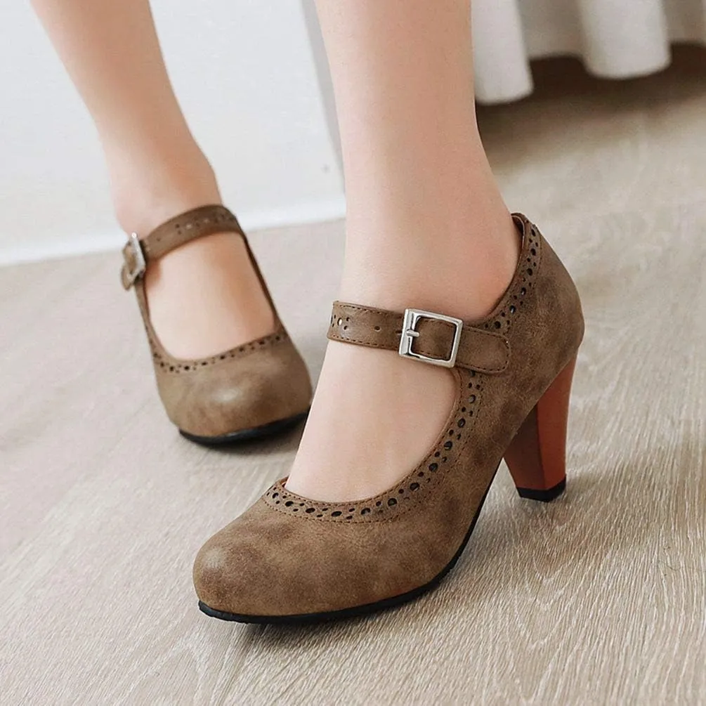 Caradise Womens Vintage Mary Jane Shoes Block Heel Ankle Strap Pumps