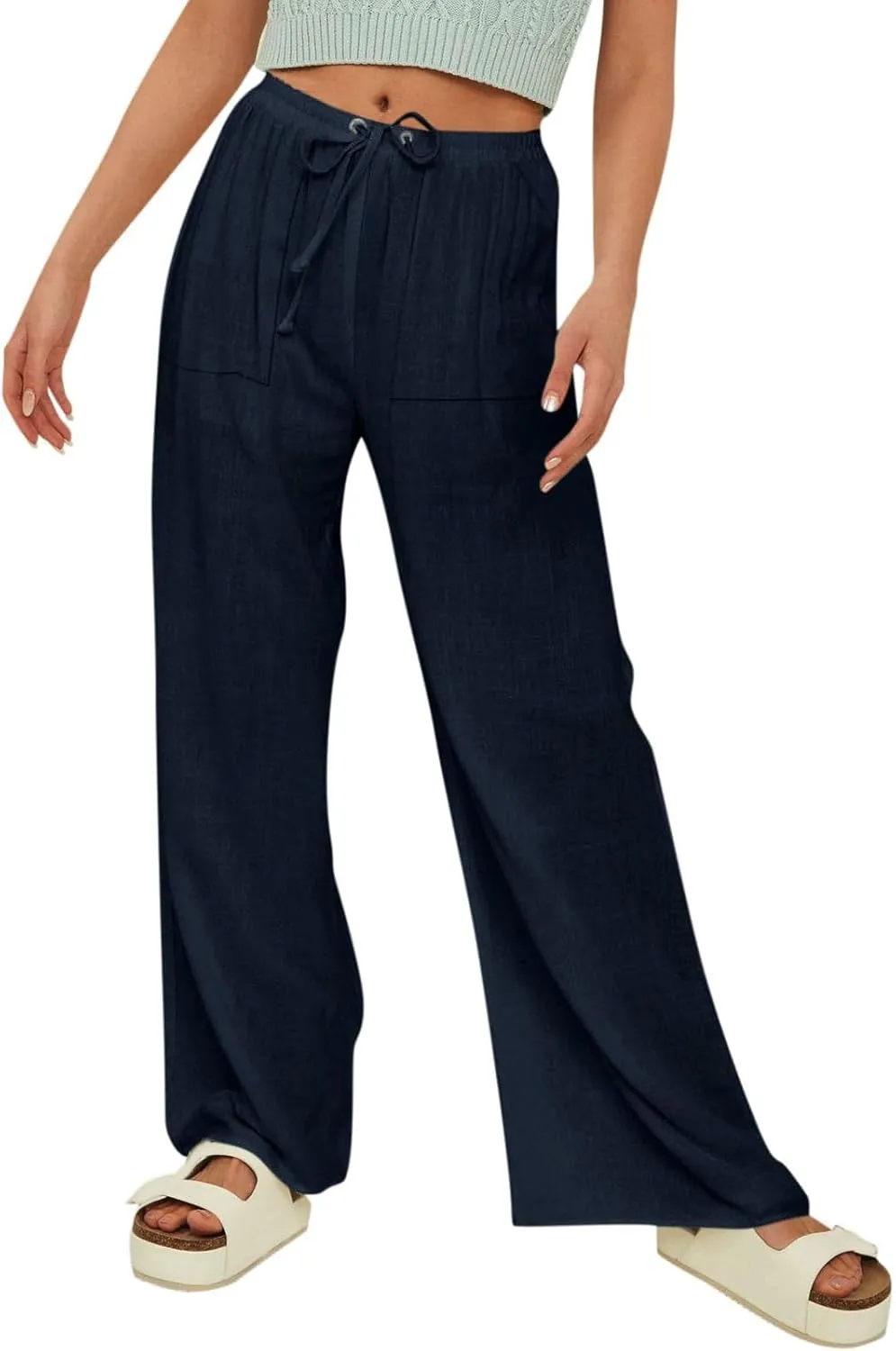 Casual Linen Pants for Women Summer Lightweight Drawstring Wide Leg Pant Comfortable Straight Trousers with Pockets