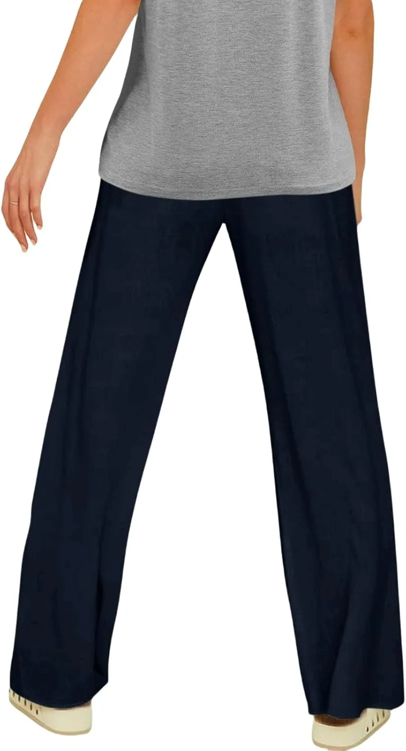 Casual Linen Pants for Women Summer Lightweight Drawstring Wide Leg Pant Comfortable Straight Trousers with Pockets