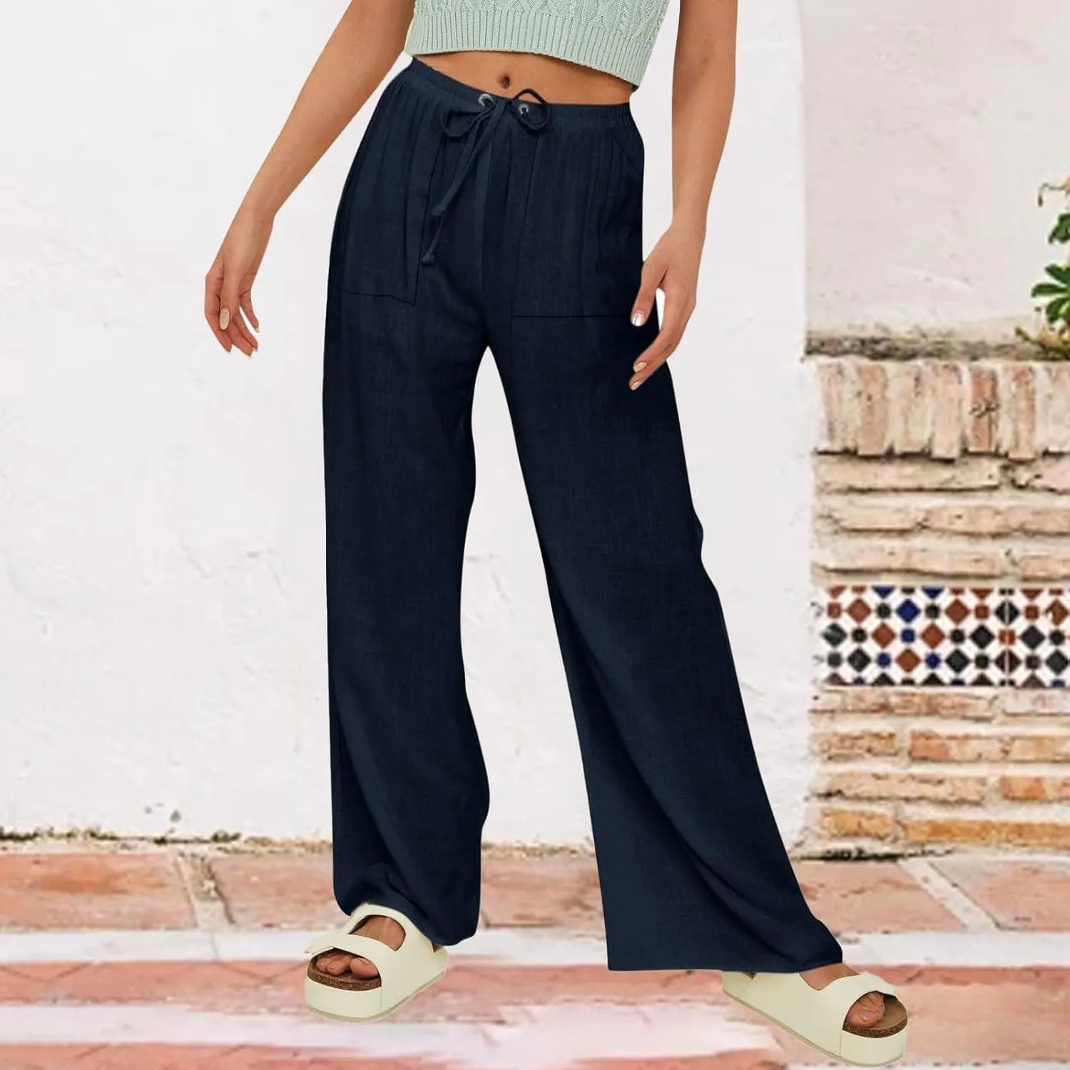 Casual Linen Pants for Women Summer Lightweight Drawstring Wide Leg Pant Comfortable Straight Trousers with Pockets