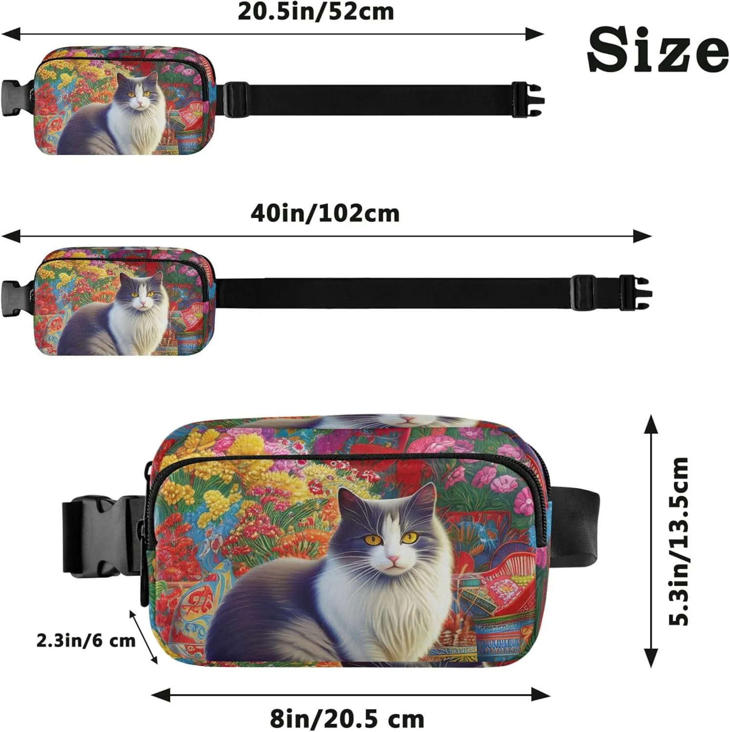 Cat Colorful Flowers Garden Fanny Pack for Women Fashion Hip Pack Belt Pouch Waterproof Waist Pouches for Men