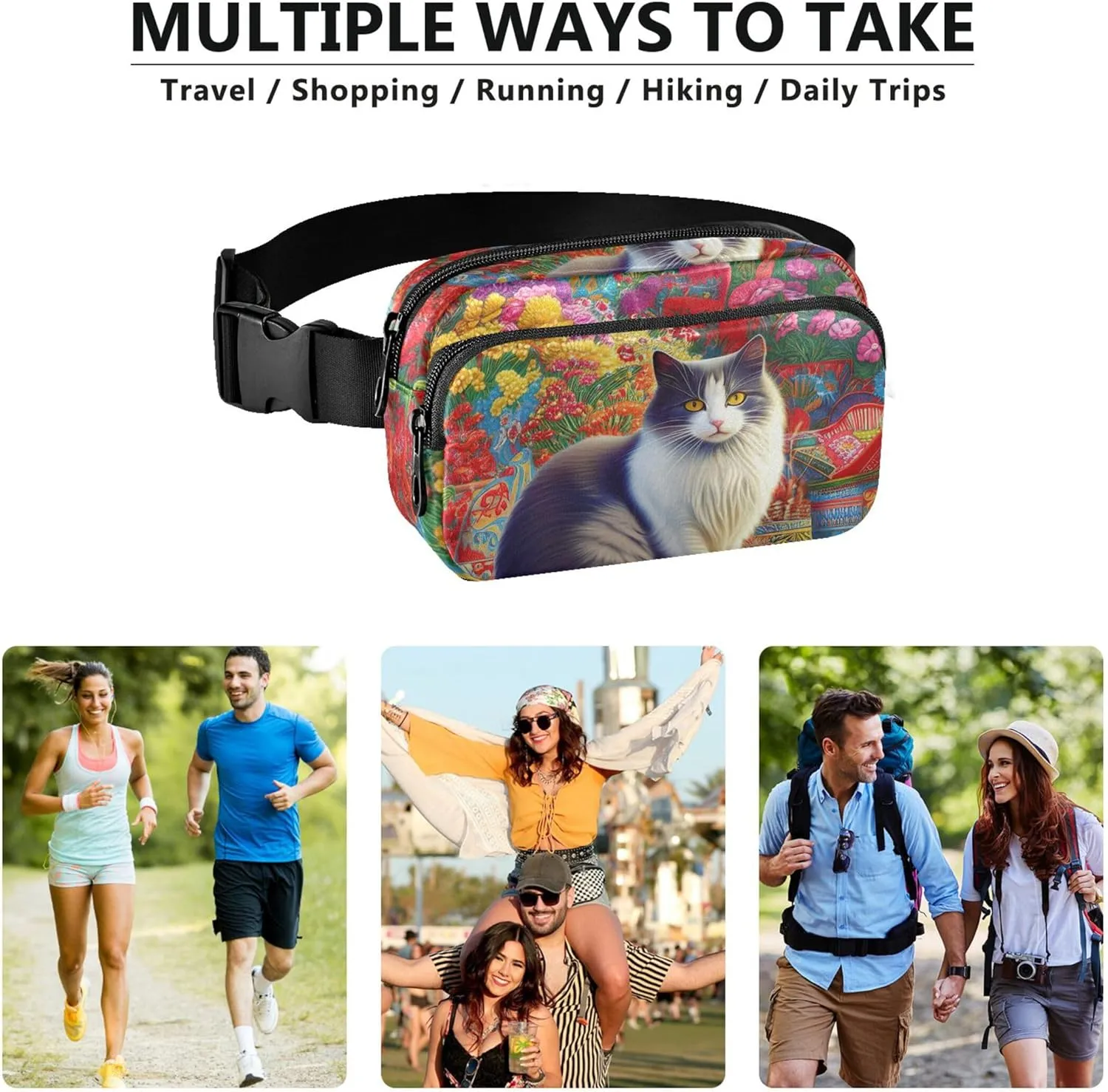 Cat Colorful Flowers Garden Fanny Pack for Women Fashion Hip Pack Belt Pouch Waterproof Waist Pouches for Men