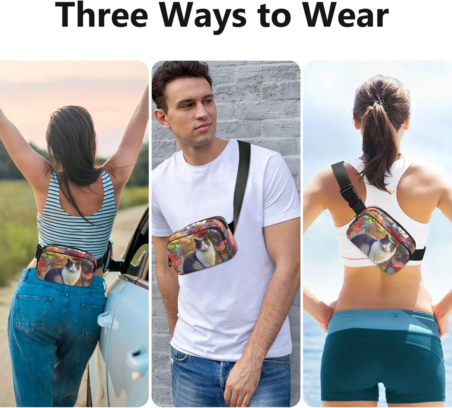 Cat Colorful Flowers Garden Fanny Pack for Women Fashion Hip Pack Belt Pouch Waterproof Waist Pouches for Men