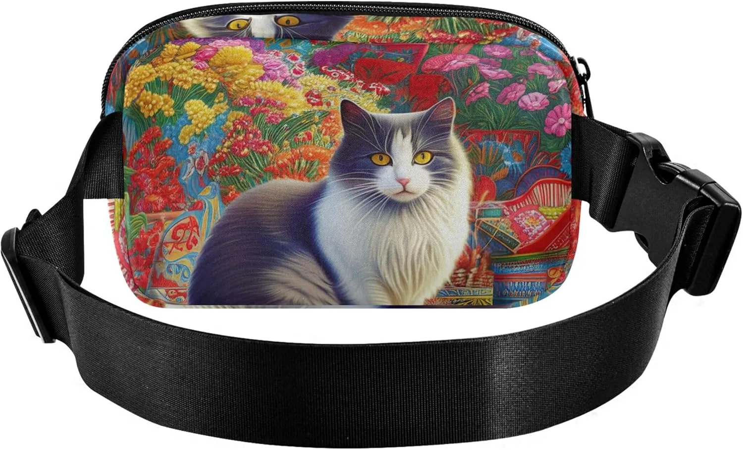 Cat Colorful Flowers Garden Fanny Pack for Women Fashion Hip Pack Belt Pouch Waterproof Waist Pouches for Men
