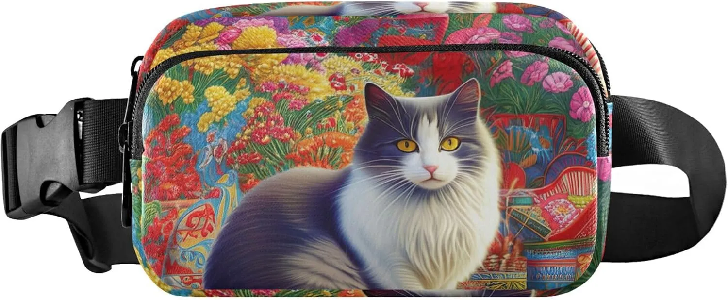 Cat Colorful Flowers Garden Fanny Pack for Women Fashion Hip Pack Belt Pouch Waterproof Waist Pouches for Men