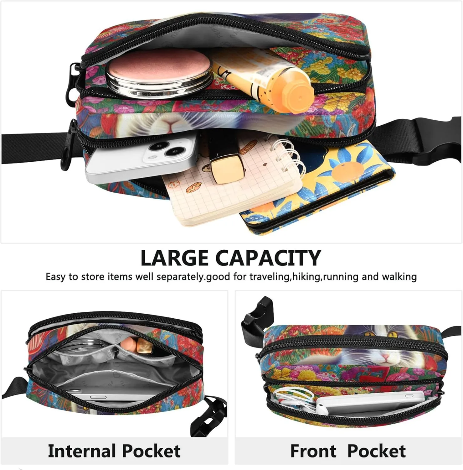 Cat Colorful Flowers Garden Fanny Pack for Women Fashion Hip Pack Belt Pouch Waterproof Waist Pouches for Men