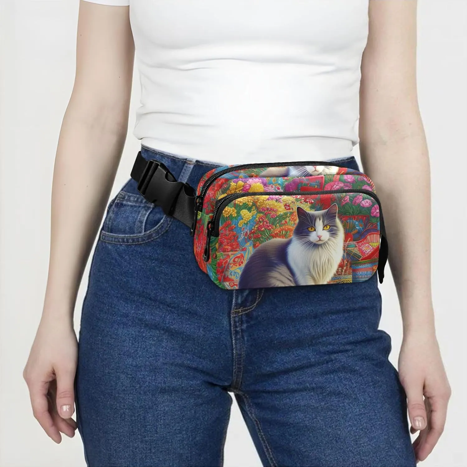 Cat Colorful Flowers Garden Fanny Pack for Women Fashion Hip Pack Belt Pouch Waterproof Waist Pouches for Men