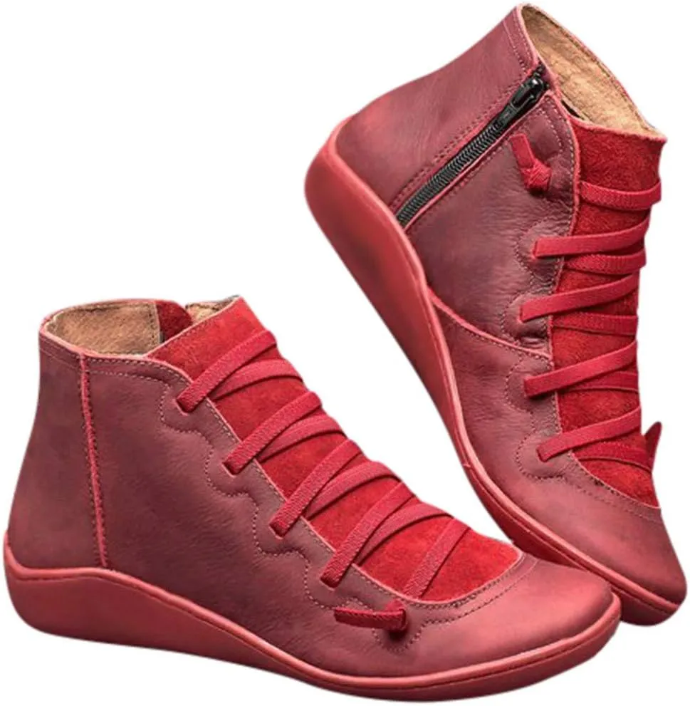 Cathalem Ankle Boots for Women Fall Shoes 2024 Ankle Boots No Heel Lace Up Side Zipper Vintage Retro Booties Slip On Flat Boots