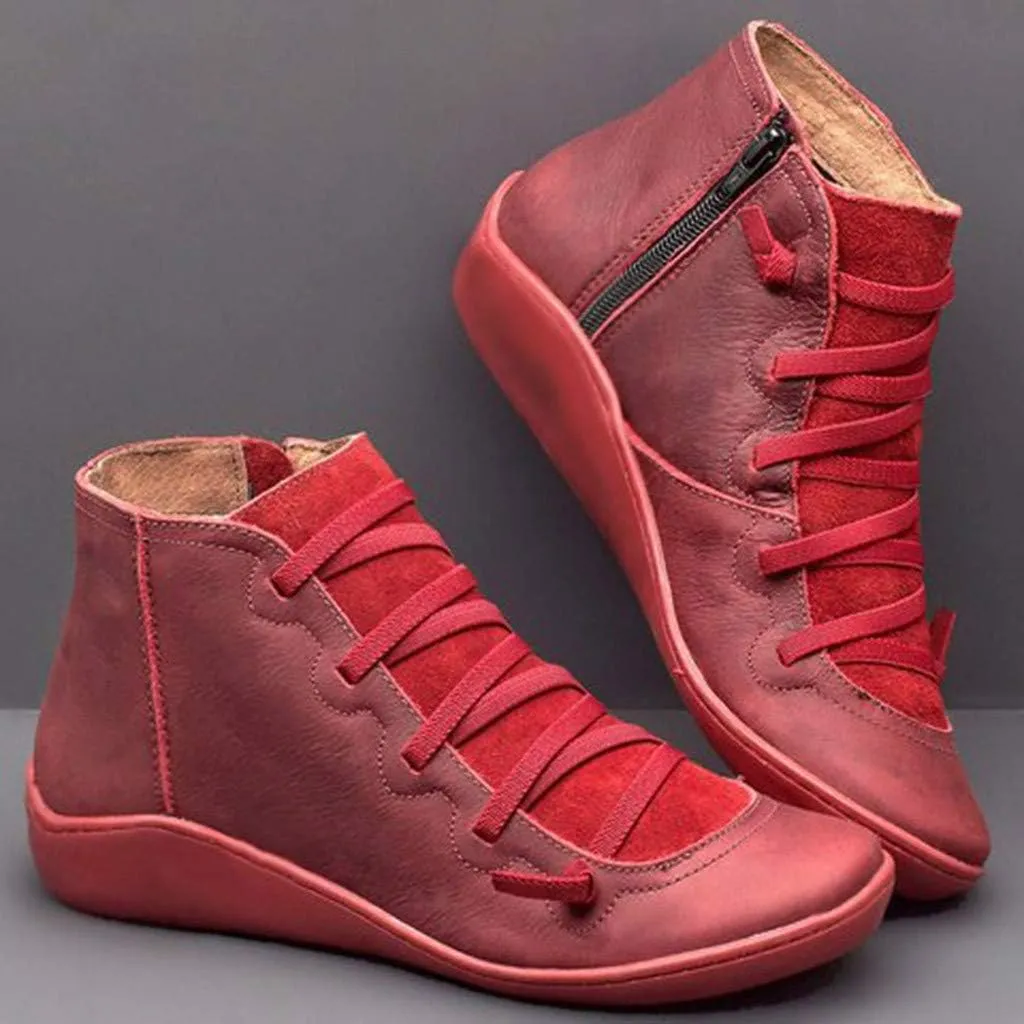 Cathalem Ankle Boots for Women Fall Shoes 2024 Ankle Boots No Heel Lace Up Side Zipper Vintage Retro Booties Slip On Flat Boots