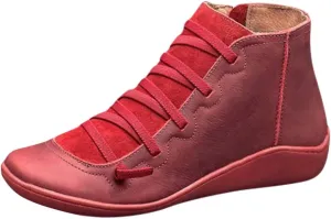 Cathalem Ankle Boots for Women Fall Shoes 2024 Ankle Boots No Heel Lace Up Side Zipper Vintage Retro Booties Slip On Flat Boots