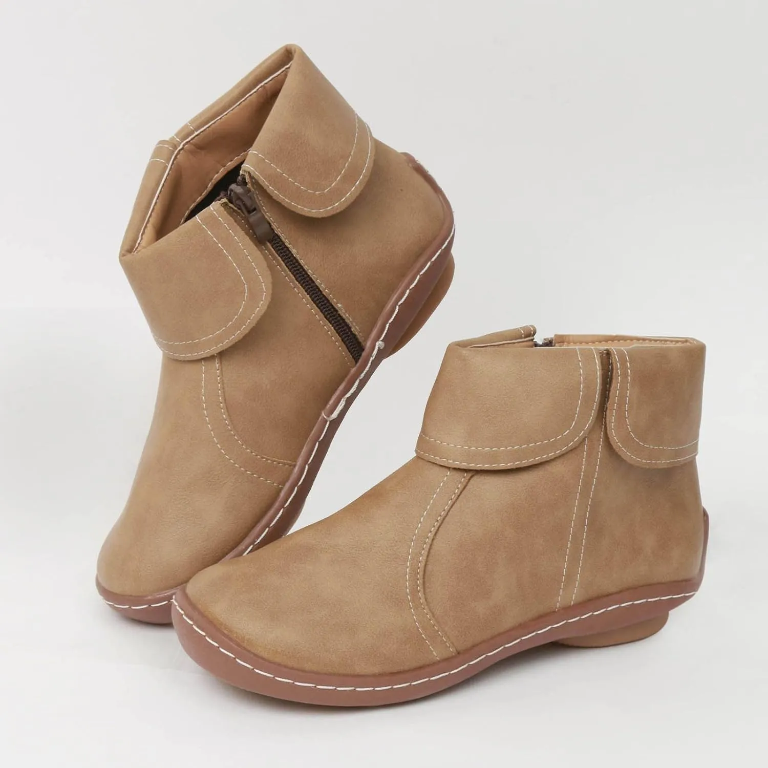 Cathalem Ankle Boots for Women No Heel Arch Support Booties Side Zip-up Vintage Leather Damping Shoes Flat Heel Booties
