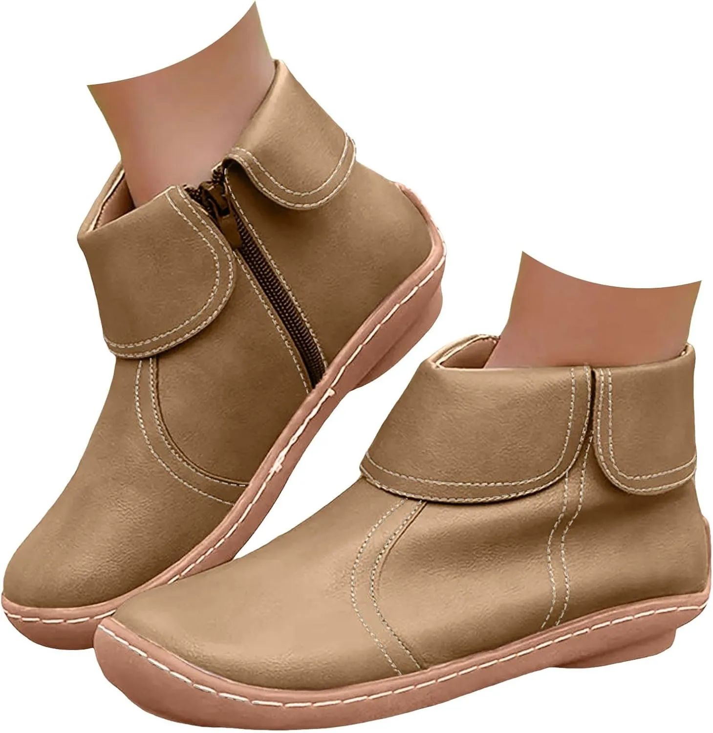 Cathalem Ankle Boots for Women No Heel Arch Support Booties Side Zip-up Vintage Leather Damping Shoes Flat Heel Booties