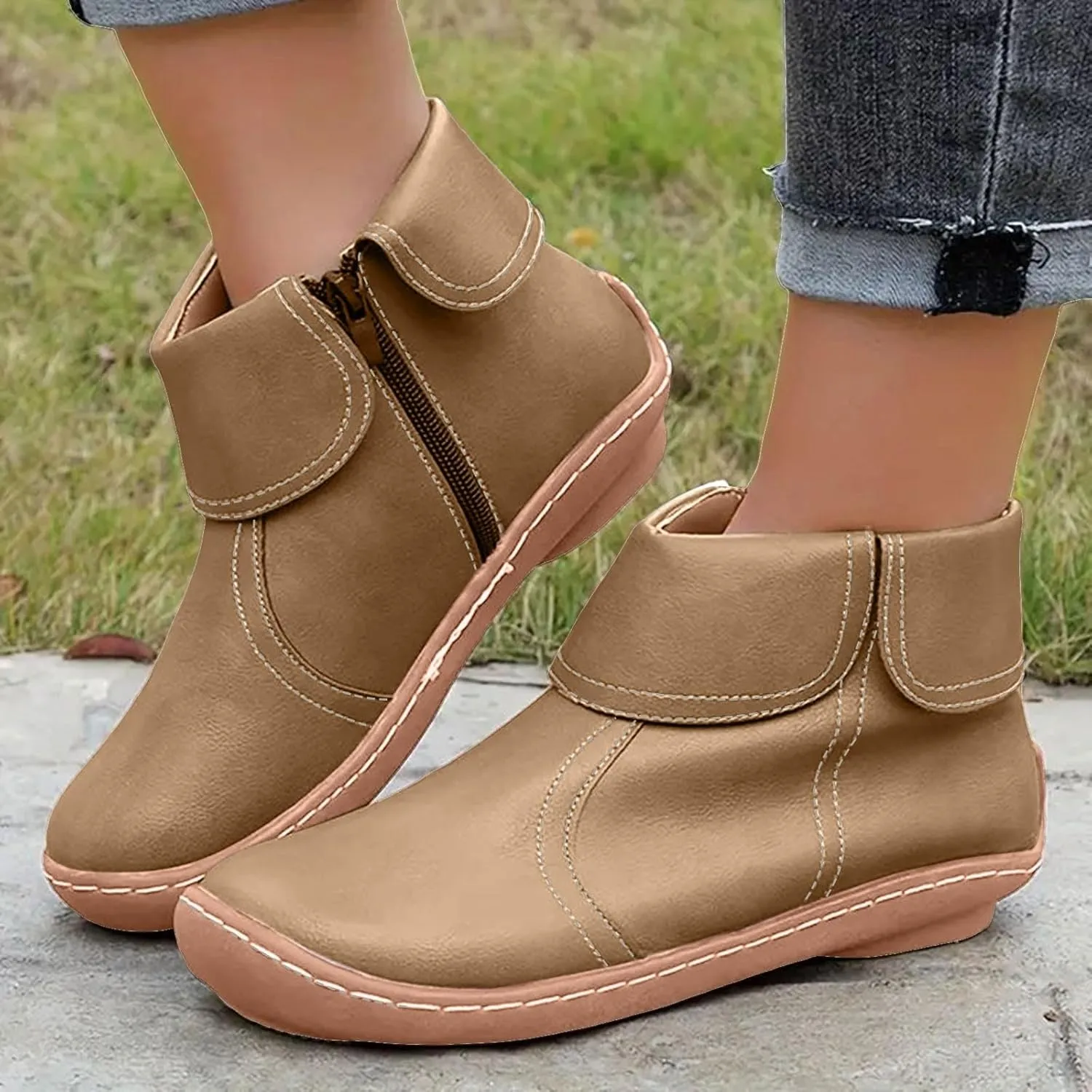 Cathalem Ankle Boots for Women No Heel Arch Support Booties Side Zip-up Vintage Leather Damping Shoes Flat Heel Booties