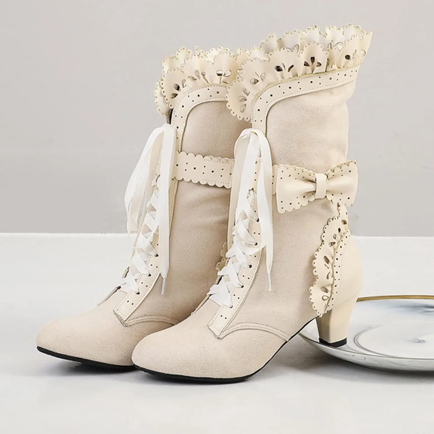 Cathalem Victorian Boots for Women 70s Mid Heels Vintage Boots Casual Lace Up Renaissance Boots Halloween Cosplay Witch Shoes 2024 2024