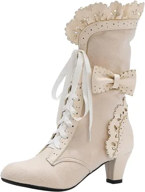Cathalem Victorian Boots for Women 70s Mid Heels Vintage Boots Casual Lace Up Renaissance Boots Halloween Cosplay Witch Shoes 2024 2024