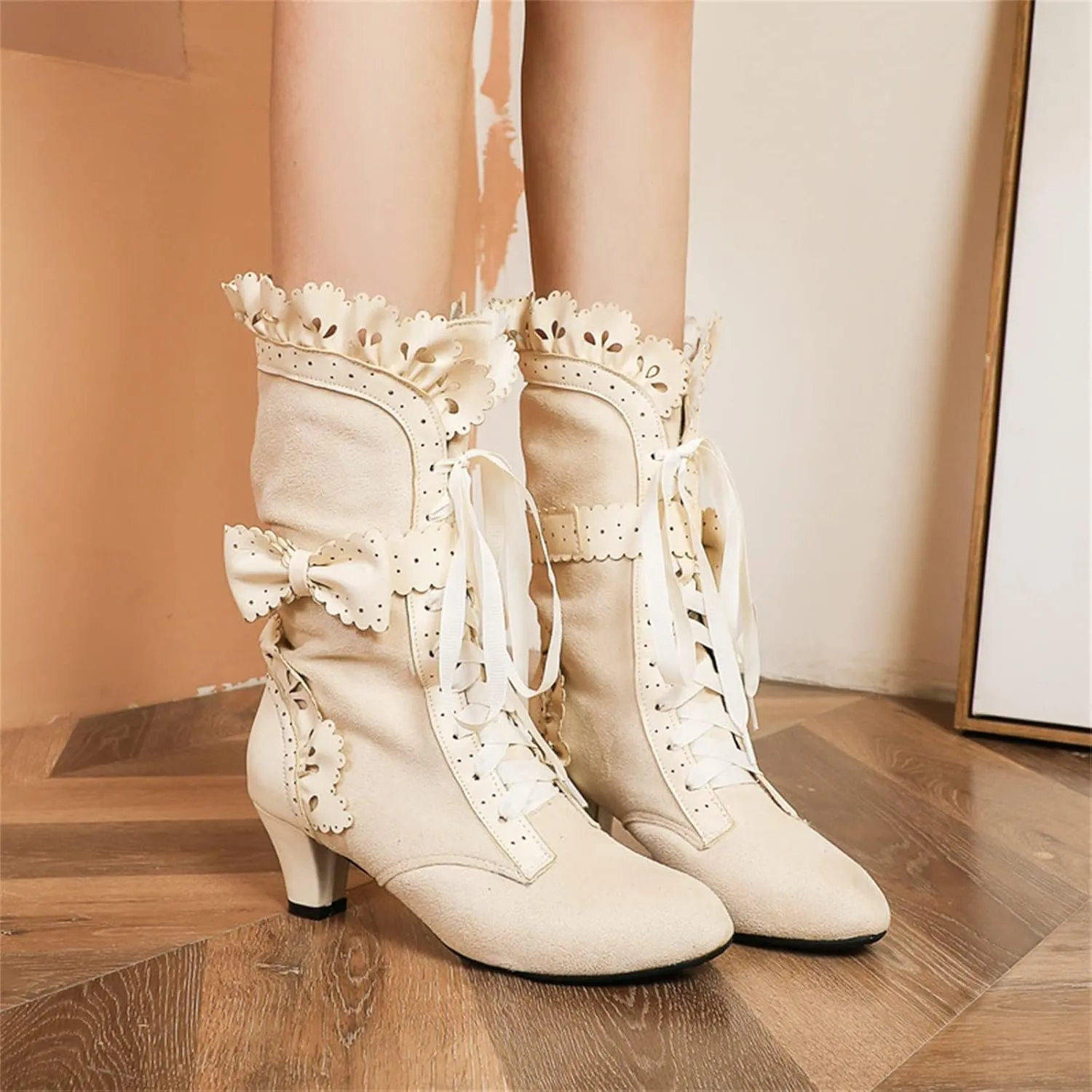 Cathalem Victorian Boots for Women 70s Mid Heels Vintage Boots Casual Lace Up Renaissance Boots Halloween Cosplay Witch Shoes 2024 2024