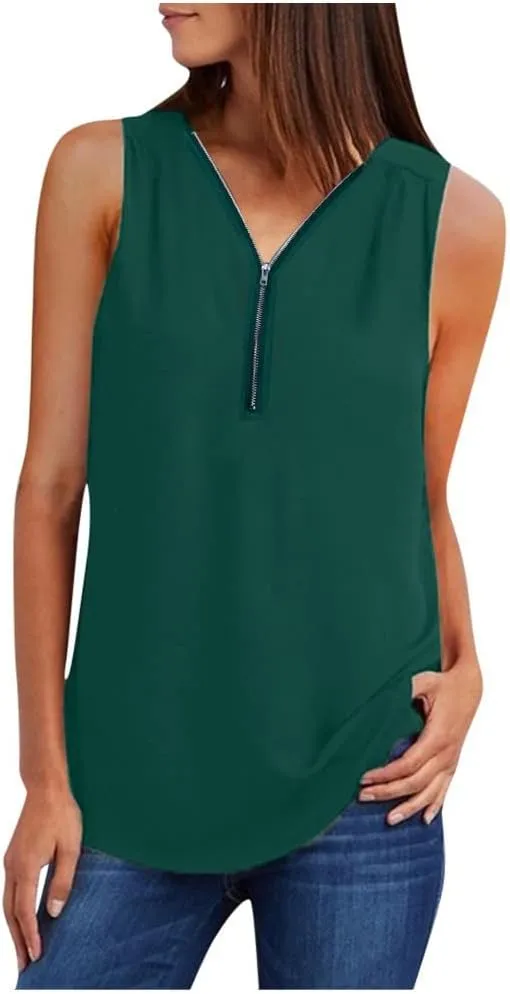 Ceboyel Women 1/4 Zip Sleeveless Shirts Plain Flowy Tank Tops Summer Casual Blouses Tunic Dressy Business Work Clothing 2023