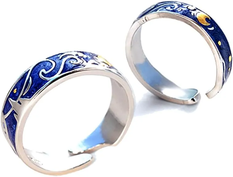 CHAKRA HEALING REIKI CHR 2Pcs Van Gogh Starry Sky Ring Set Couple Adjustable Ring Vintage Starry Moon Opening Ring for Women Men