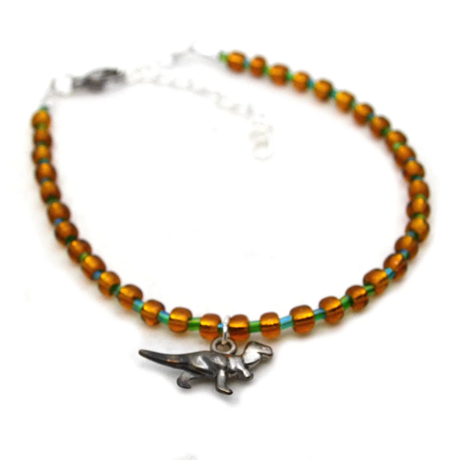 Charming Dinosaur Anklet - Adjustable Easy Closure - Cute T-Rex Foot Jewelry - Beaded Handmade Ankle Bracelet - Brown and Green