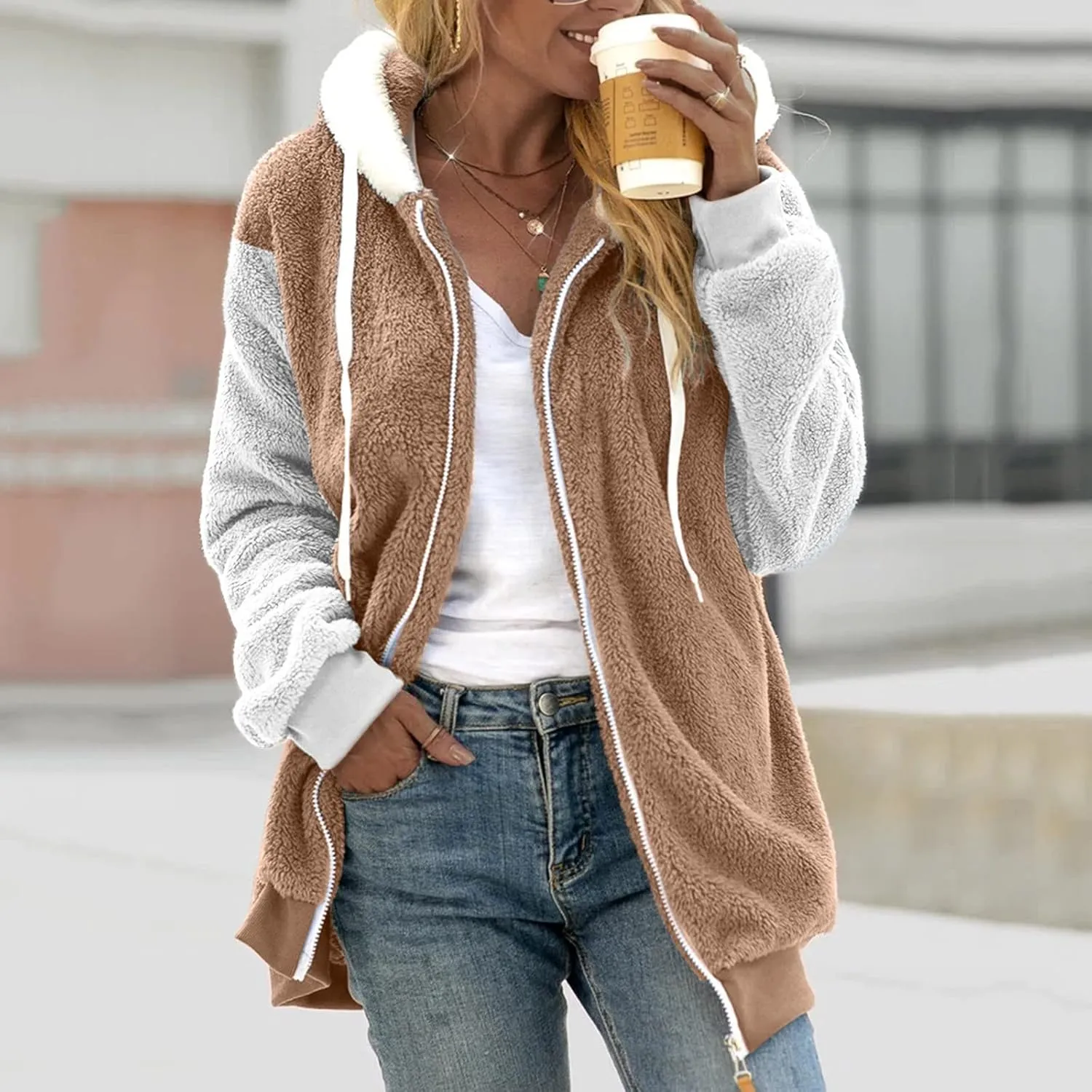 ChicCrate Womens Fuzzy Fleece Zip Up Jacket Long Sleeve Sherpa Hoodies 2025 Winter Trendy Warm Clothes Casual Outfits