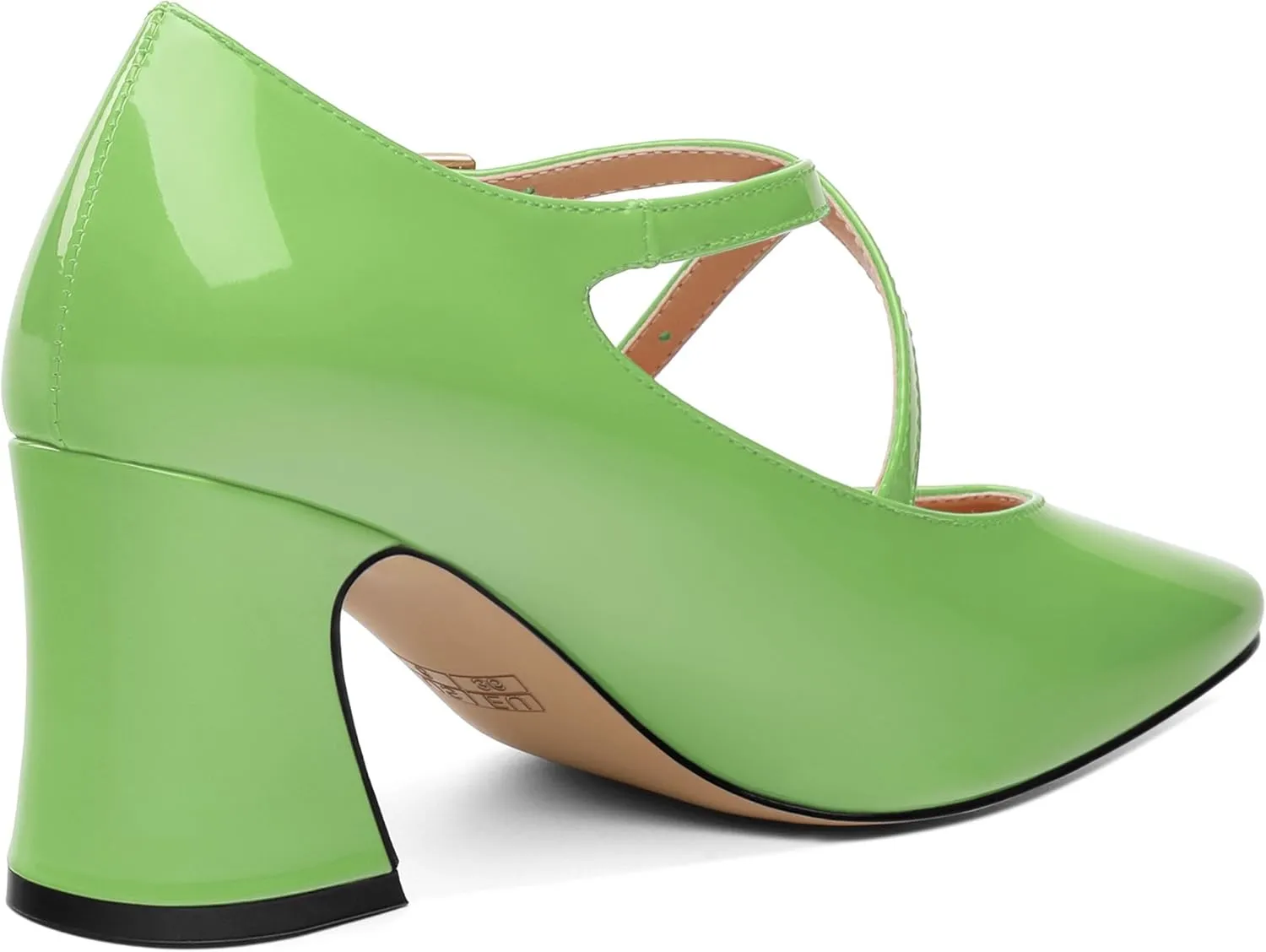Chunky Block Heels for Women Closed Square Toe Patent Pumps Cross Strap High Heels Evening Party Dress Shoes 2.5IN