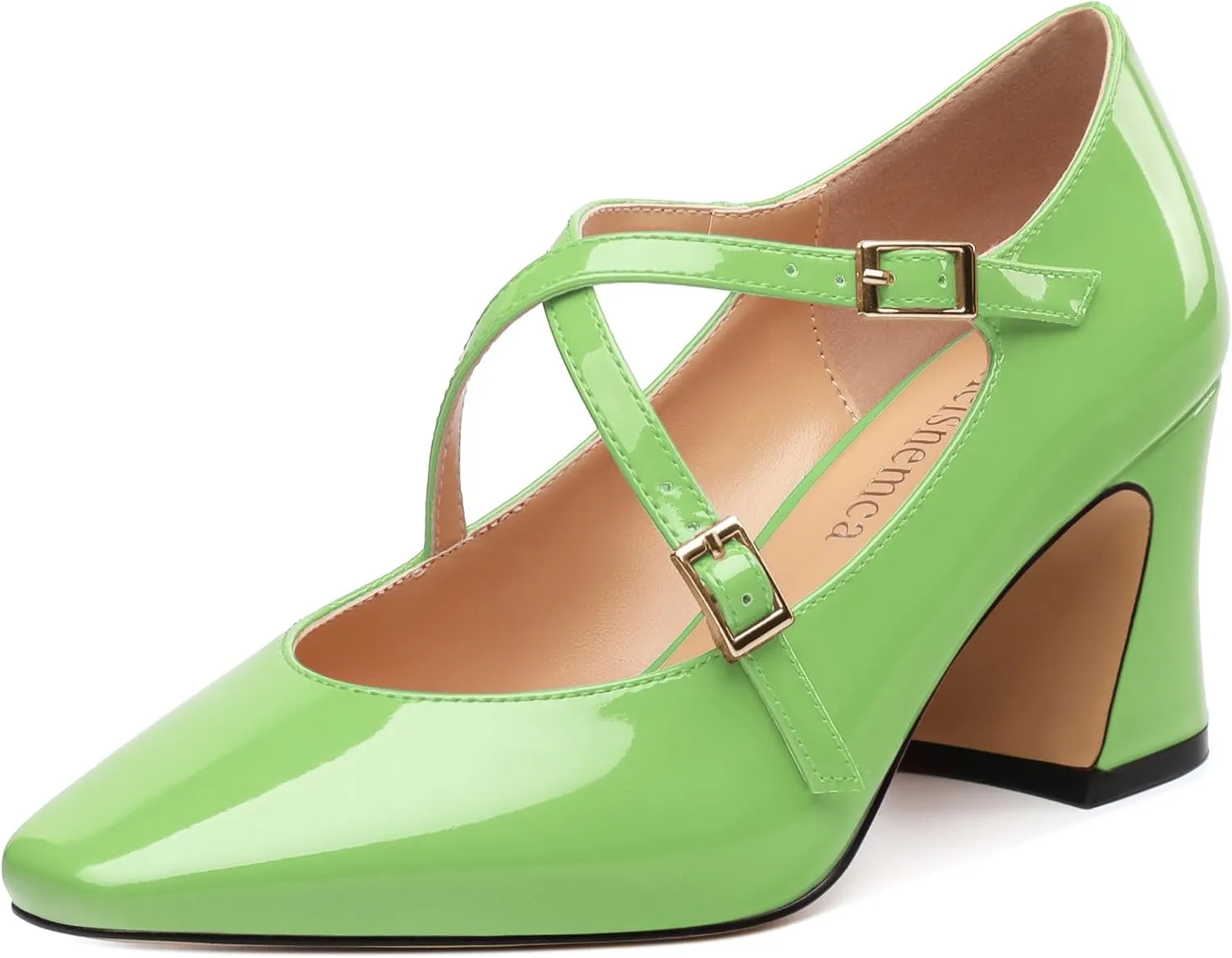 Chunky Block Heels for Women Closed Square Toe Patent Pumps Cross Strap High Heels Evening Party Dress Shoes 2.5IN