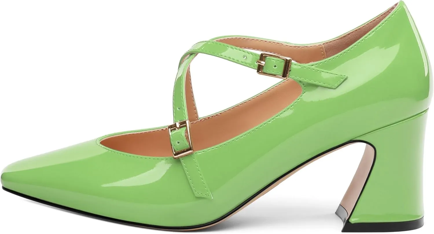 Chunky Block Heels for Women Closed Square Toe Patent Pumps Cross Strap High Heels Evening Party Dress Shoes 2.5IN
