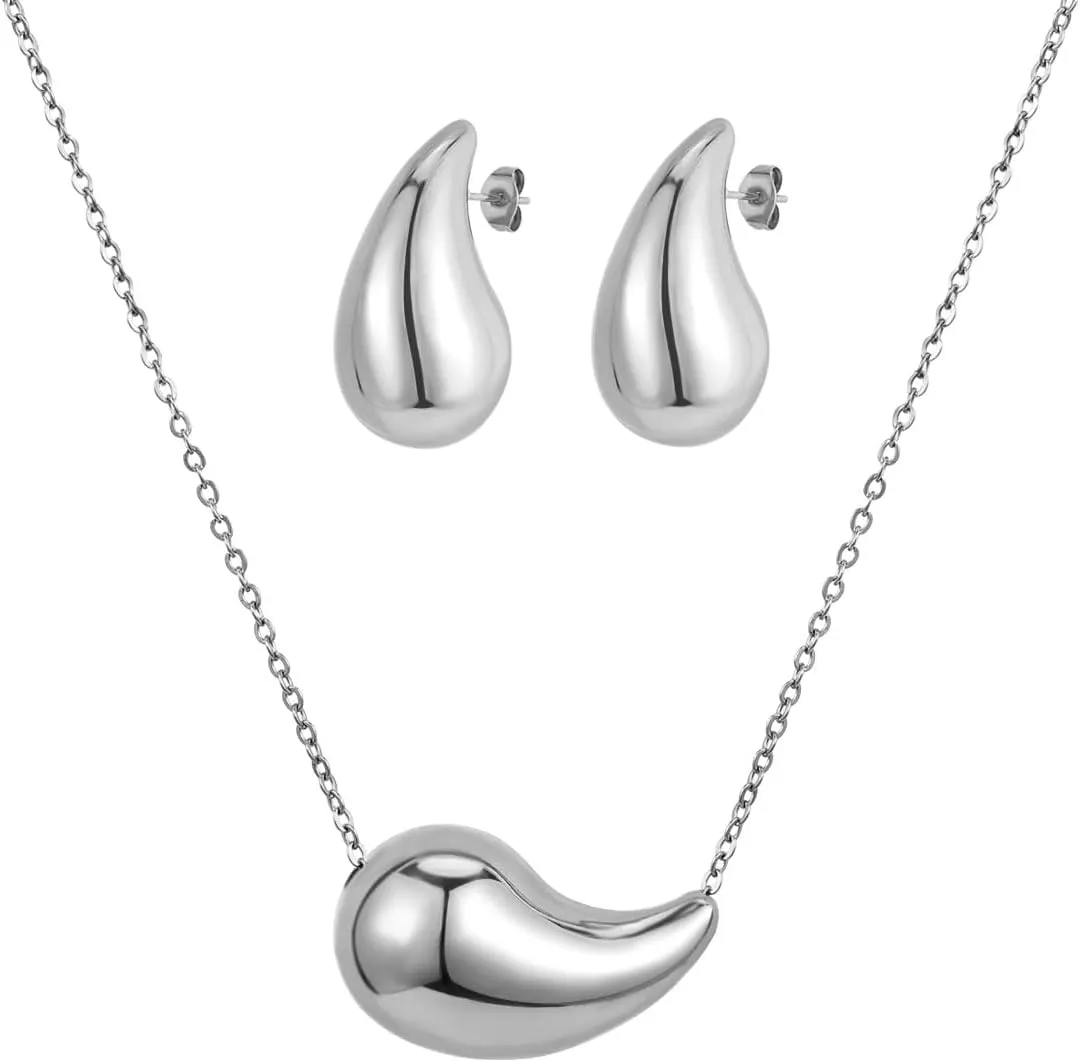 Chunky Drop Earrings & Waterdrop Necklace Jewelry Set, Lightweight Teardrop Dainty Stud Earrings & Pendant Necklace Set for Women & Girls