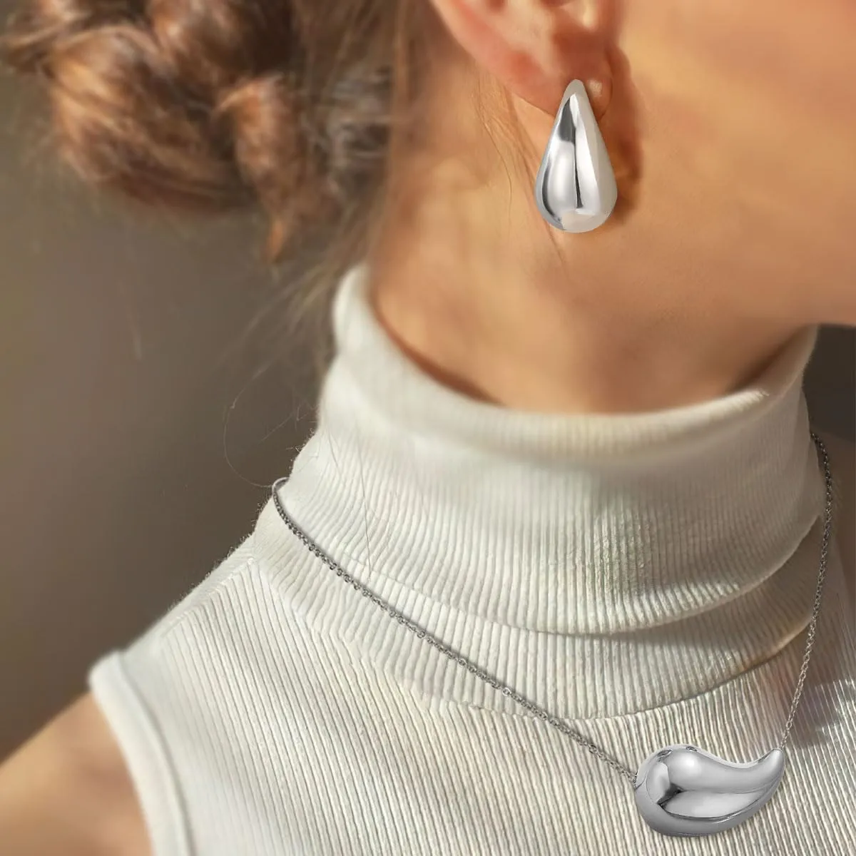 Chunky Drop Earrings & Waterdrop Necklace Jewelry Set, Lightweight Teardrop Dainty Stud Earrings & Pendant Necklace Set for Women & Girls