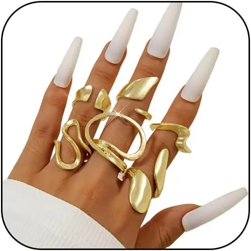 Chunky Gold Signet Wave Rings Set for Women Silver Plated Statement Oval Stackable Adjustable Thumb Pinky Unique Finger Knuckle Ring Stack Jewelry