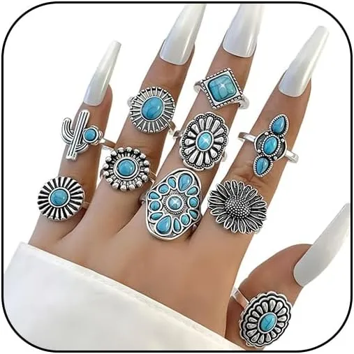 Chunky Western Turquoise Rings Stack Vintage Boho Silver Big Teal Stone Large Flower Country Cowgirl Thumb Knuckle Midi Finge Ring Set Jewelry for Women