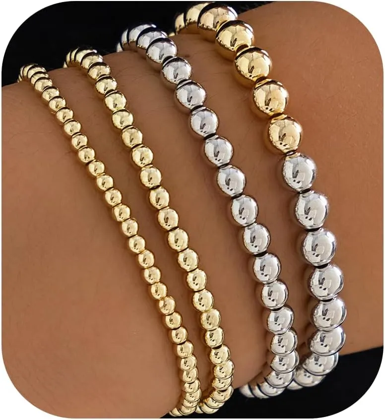 CJIAYUJEW Gold Beaded Bracelets for Women Stackable Bead Ball Bracelet Set Delicate Stackable Gold Stretchable Elastic Bead Bracelet Jewelry