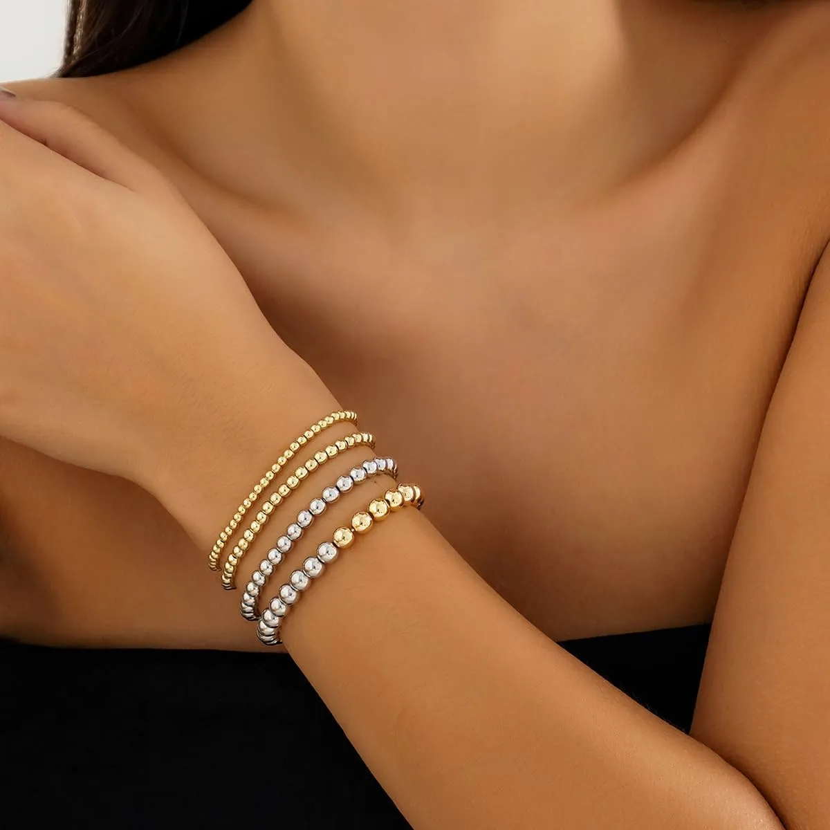 CJIAYUJEW Gold Beaded Bracelets for Women Stackable Bead Ball Bracelet Set Delicate Stackable Gold Stretchable Elastic Bead Bracelet Jewelry