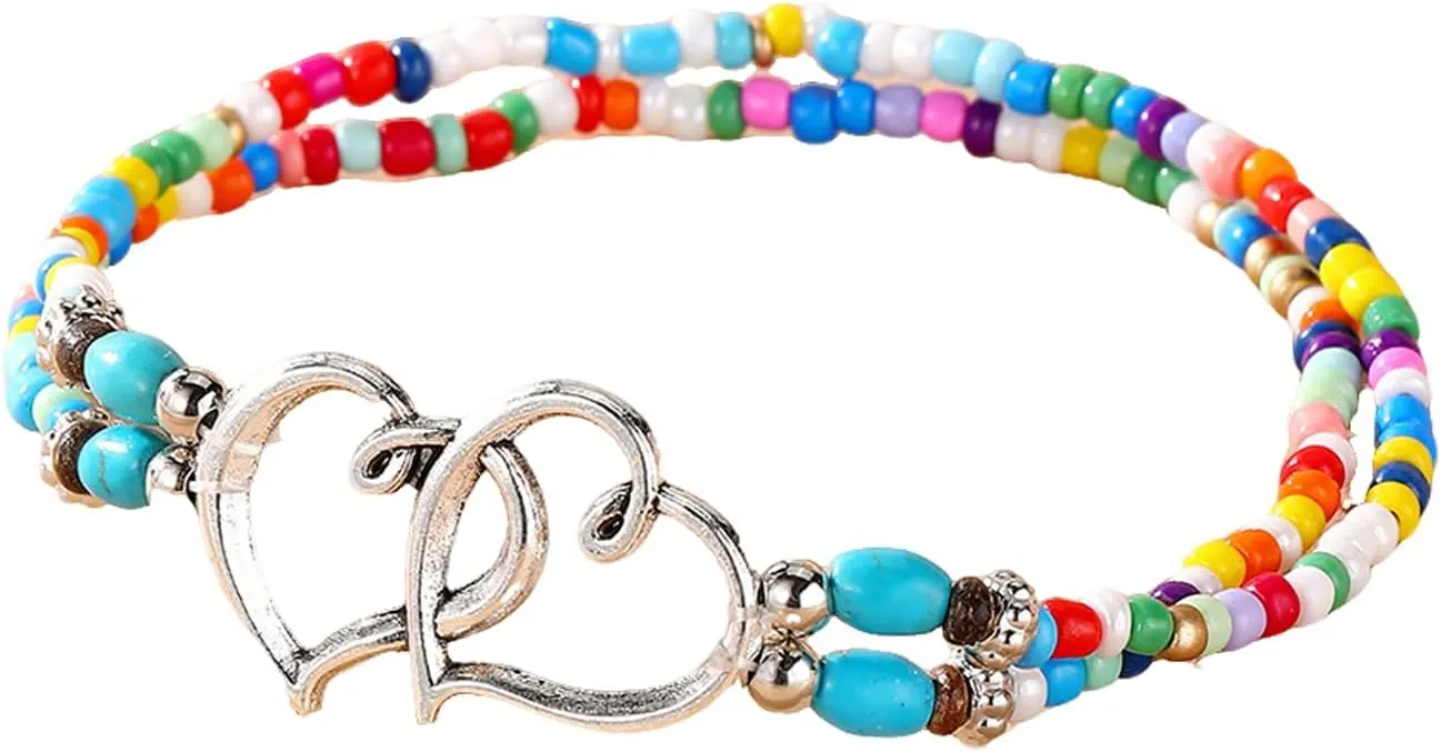 Colorful Beaded Ankle Bracelets Women Handmade Boho Heart Anklet Bracelets Stretchy Foot Chain Anklet for Beach Summer Vacation Jewelry Gift