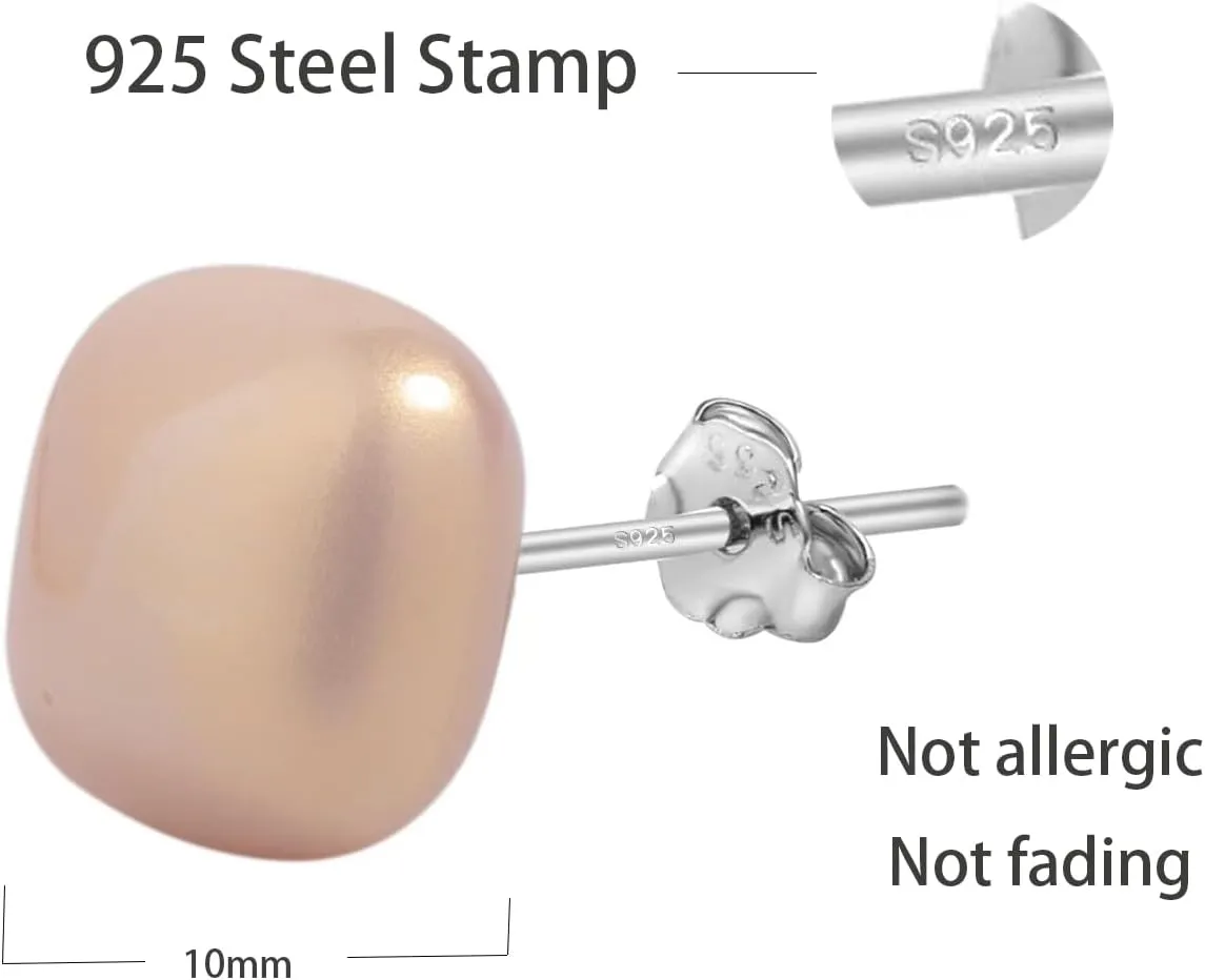 Colorful Geometric Solid Block Smooth Imitation Pearl Stud Earrings 925 Pure Silver Earrings Female 10mm