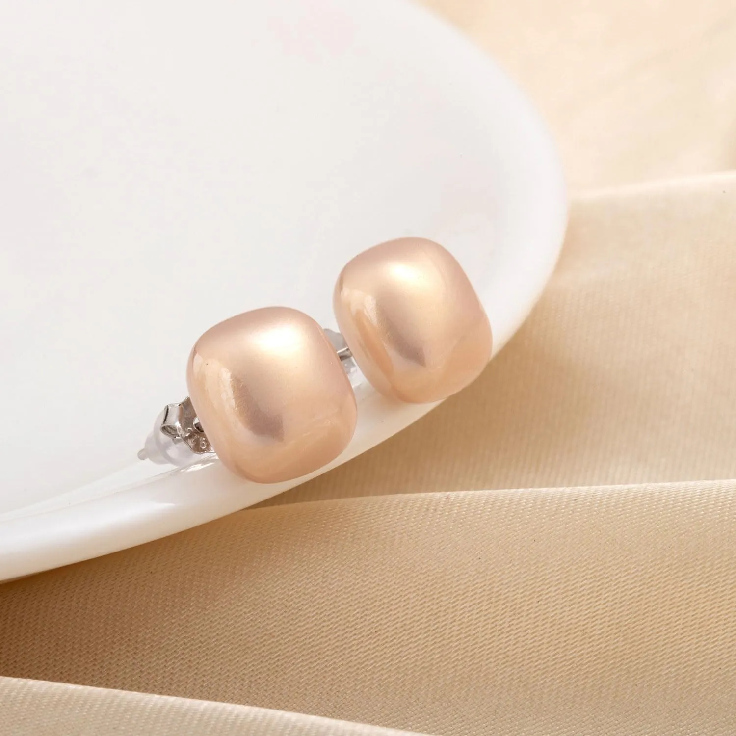 Colorful Geometric Solid Block Smooth Imitation Pearl Stud Earrings 925 Pure Silver Earrings Female 10mm