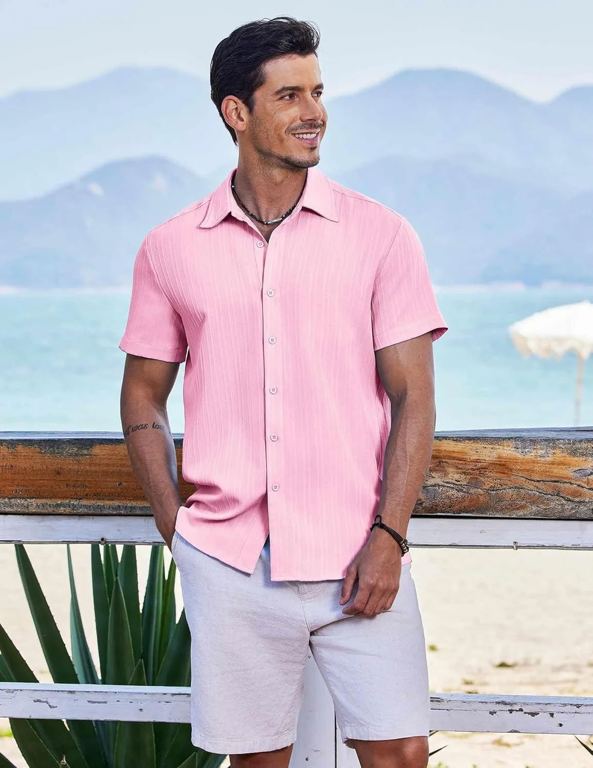 COOFANDY Men's Casual Button Down Shirts Short Sleeve Textured Summer Beach Shirts